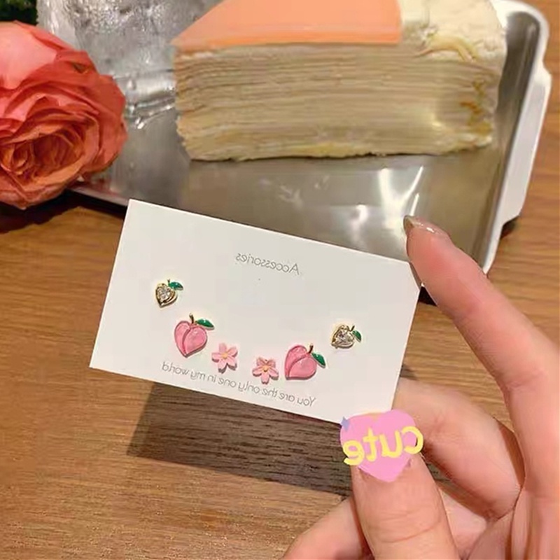 Bộ Sáu Khuyên Tai Hình Quả Đào Dễ Thương Mạ Bạc 925 Thích Hợp Cho Mùa Hè