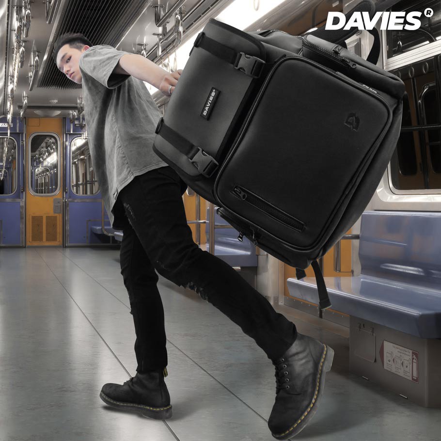 Balo đi học da nam nữ Davies màu đen Leather Box Backpack |D-P35