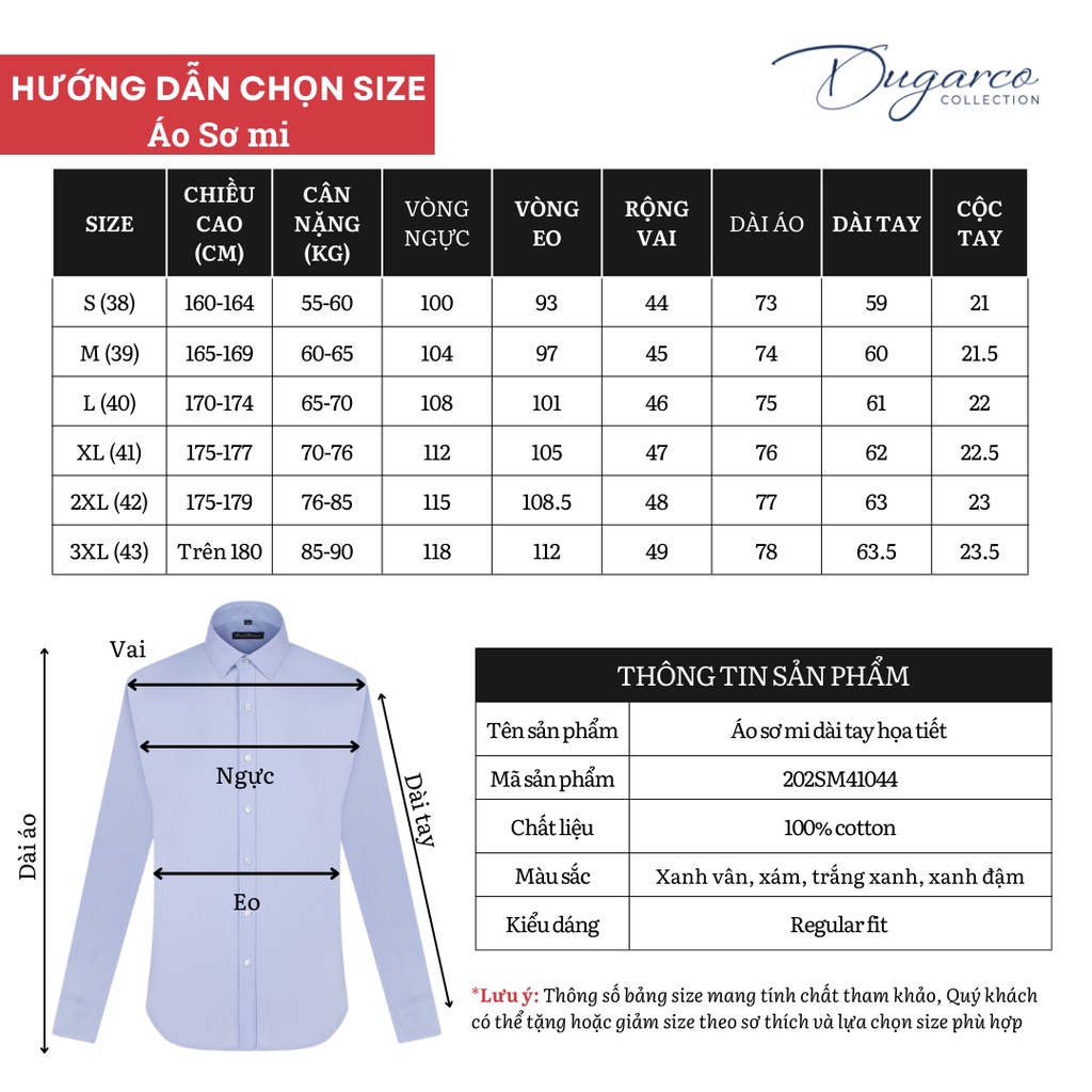 Áo sơ mi DUGARCO dài tay cotton họa tiết nam cao cấp 202SM41044