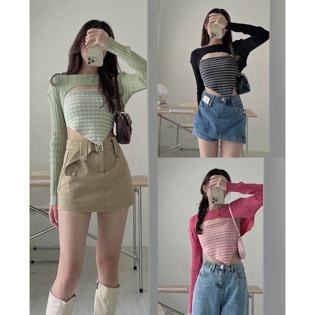 SET ÁO CARDIGAN LEN MỎNG MIX ÁO HAI DÂY KẺ ACLMHD