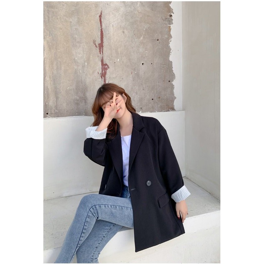 ÁO BLAZER ĐEN PHỐI TAY SỌC BASIC OVERSIZE KOREAN STYLE - AK055 | BigBuy360 - bigbuy360.vn