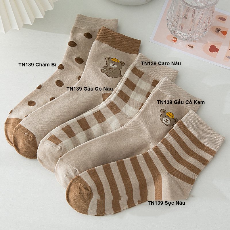 Tất nữ Muzini vớ cổ cao họa tiết gấu tone nâu ngộ nghĩnh đáng yêu TN139