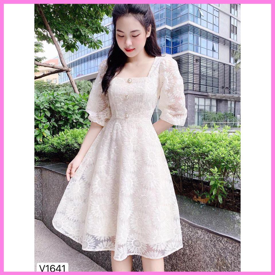 Đầm ren hoa cổ vuông tay lửng 3 nút cực xinh - Misa dress [ Váy trắng dự Tiệc ]