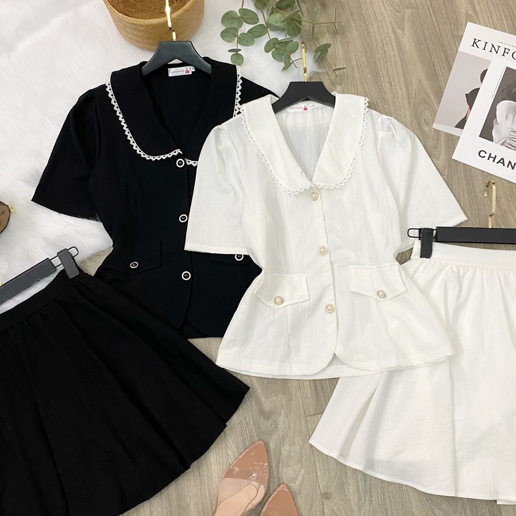 Set Đồ Nữ , Set Bigsize Chân Váy Cổ Nhọn Tay Ngắn 2 Nắp Túi Phối Nút Chất Linin Dành Cho Người Mập 50.90kg