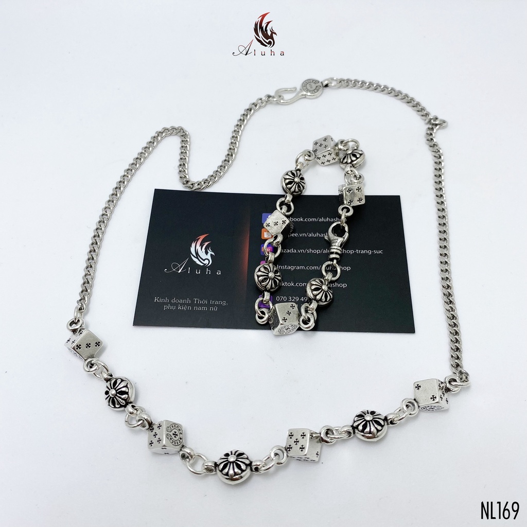 Dây chuyền đồng trắng không rỉ Chrome Heart khắc nổi hoa Iris, xúc xắc biểu tượng CH - NL169 - Aluha