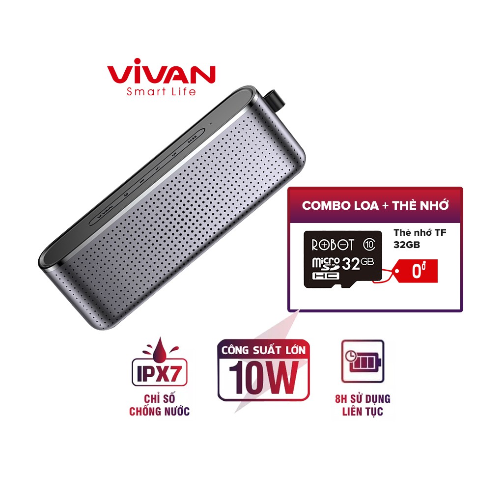 [COMBO Loa Bluetooth + Thẻ Nhớ] Loa Bluetooth 5.0 Super Bass VIVAN VS10 Chống Nước IPX7 Công suất 10W Pin 1800mAh