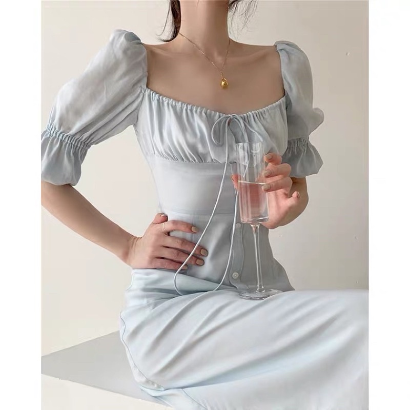 Đầm váy dài có tay cổ bo chun tiểu thư Pháp