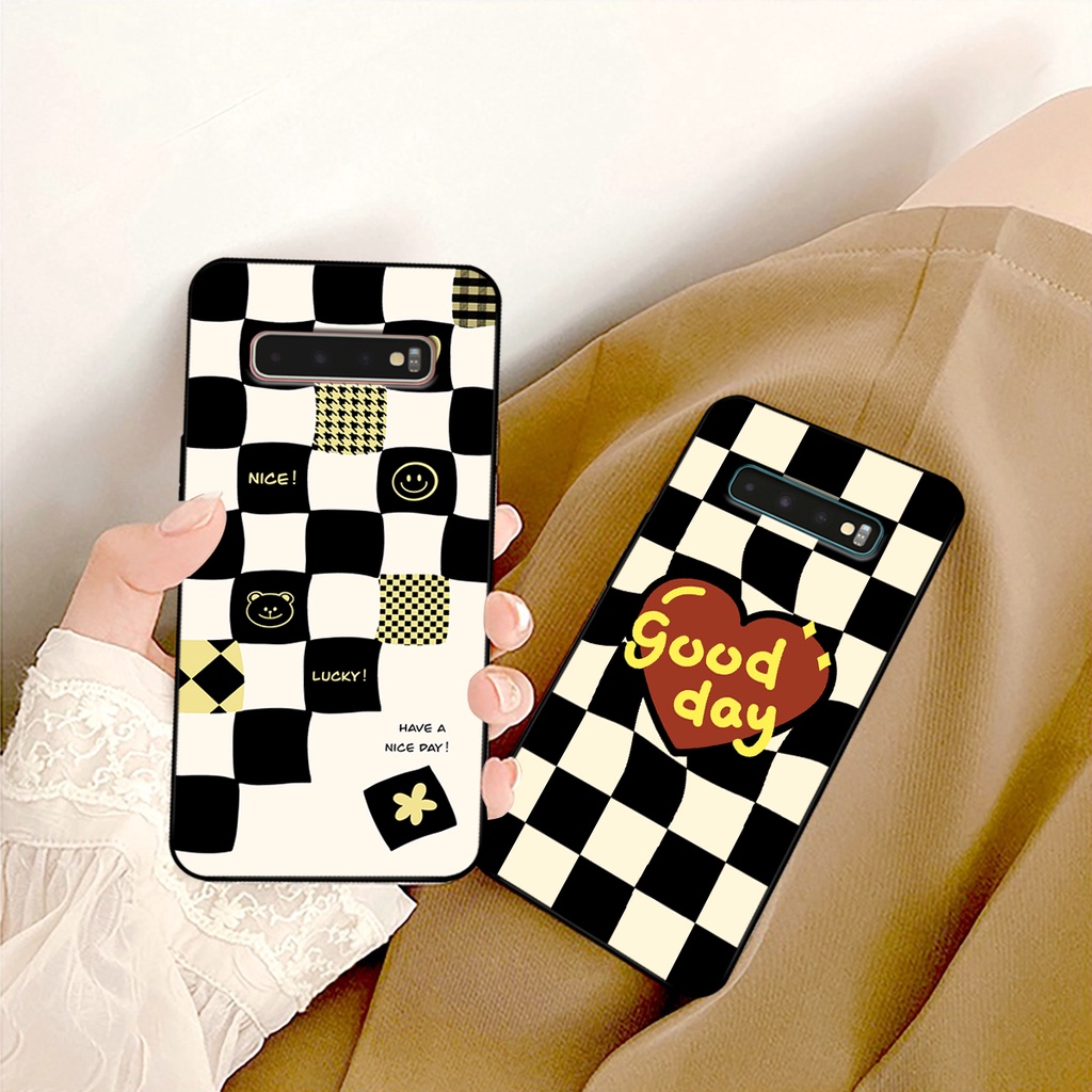 Ốp lưng Samsung S10 - S10 Plus - S10 5G in hoạ tiết caro trái tim đen trắng, gấu bear cute đáng yêu