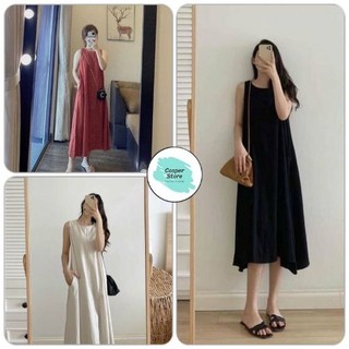 Váy Ba Lỗ Dáng Thụng Nữ ⚡ Casper.Store | FREESHIP | ⚡ Đầm midi suông trơn dáng rộng thiết kế basic, đơn giản Ulzzang
