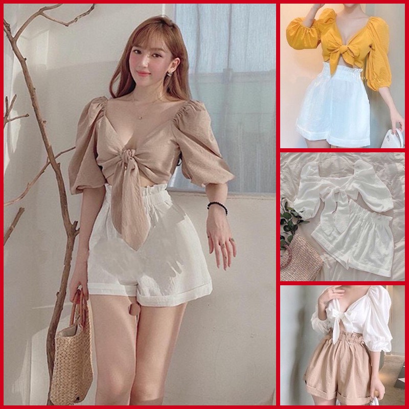 Set đồ nữ áo croptop áo kiểu quần sooc phồng,set đồ nữ cá tính dễ kết hợp, mặc rời, mặc bộ đều đẹp -B008