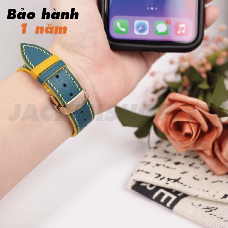 [DÂY DA THẬT]DÂY DA BÊ SWIFT MAY TAY THỦ CÔNG MÀU XANH CỔ VỊT CHỈ VÀNG KHÓA BƯỚM CHO IWATCH  SERIES 1=&gt;6(BẢO HÀNH 1 NĂM)