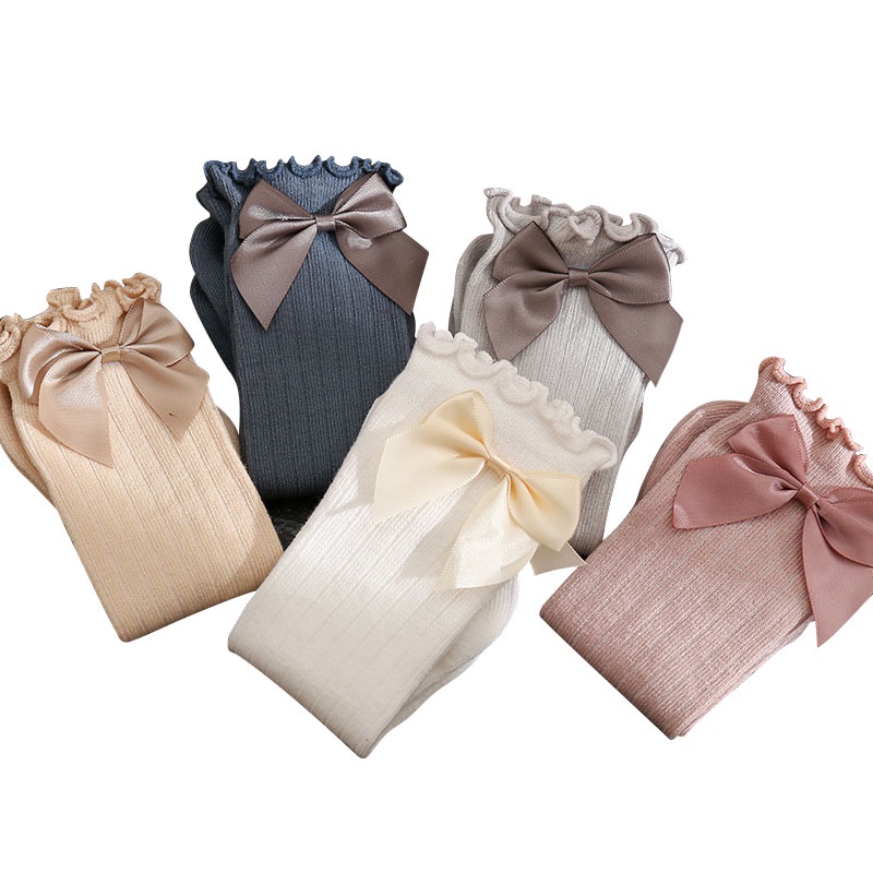 Đôi Vớ Cotton Mềm Mại Co Giãn Giữ Ấm Mùa Đông Đính Nơ Hoạt Hình Dành Cho Bé Gái Sơ Sinh