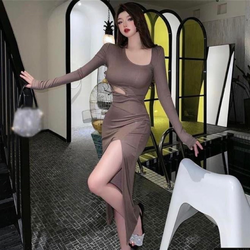 Đầm maxi ôm sát body thun tay dài trơn cut out khoét eo xẻ tà dài - Order taobao quảng châu