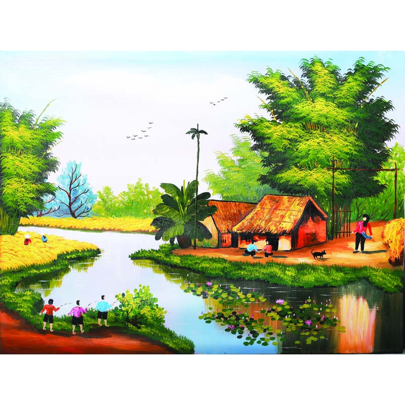 Tranh Dán tường 3D Phong Cảnh Làng Quê Việt Nam yên bình mẫu mới nhất, được ưa chuộng hiện nay