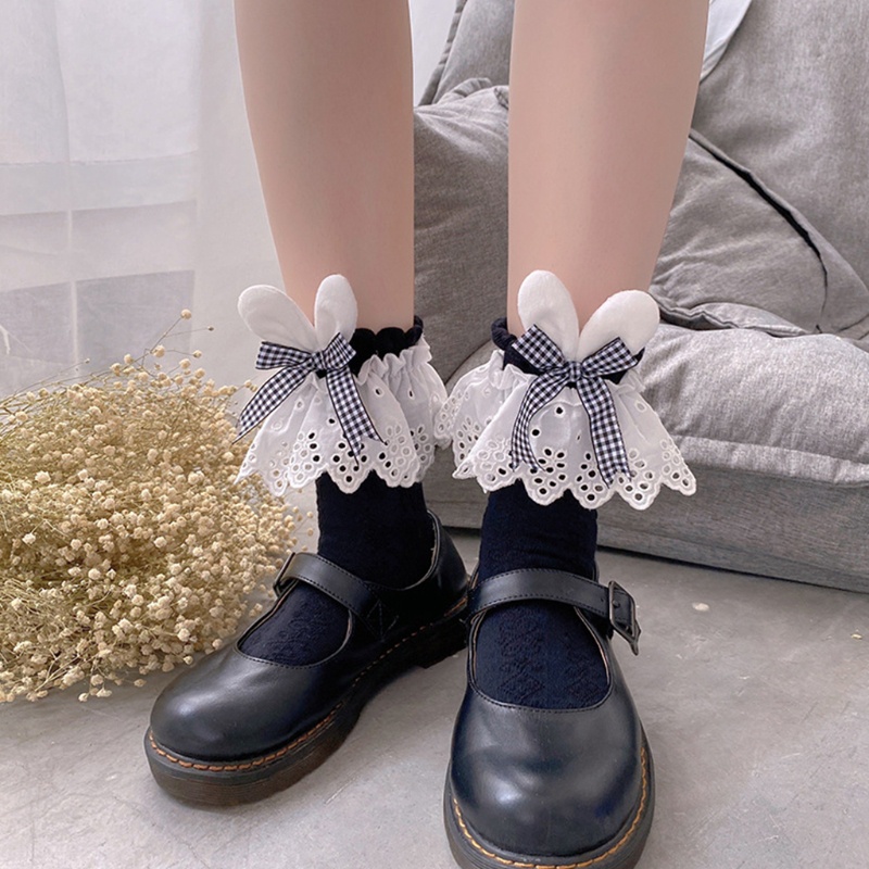 Vớ Ngắn Thêu Họa Tiết Caro Đính Nơ Tai Thỏ Phong Cách Lolita Nhật Bản 10MK