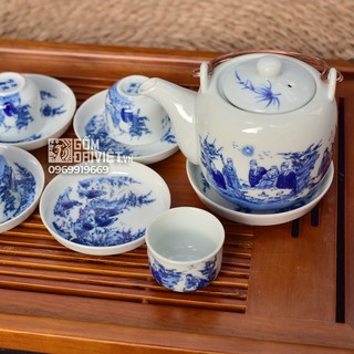 Bộ ấm chén men lam cổ Bát Tràng vẽ Trúc Lâm Thất Hiền dáng vại