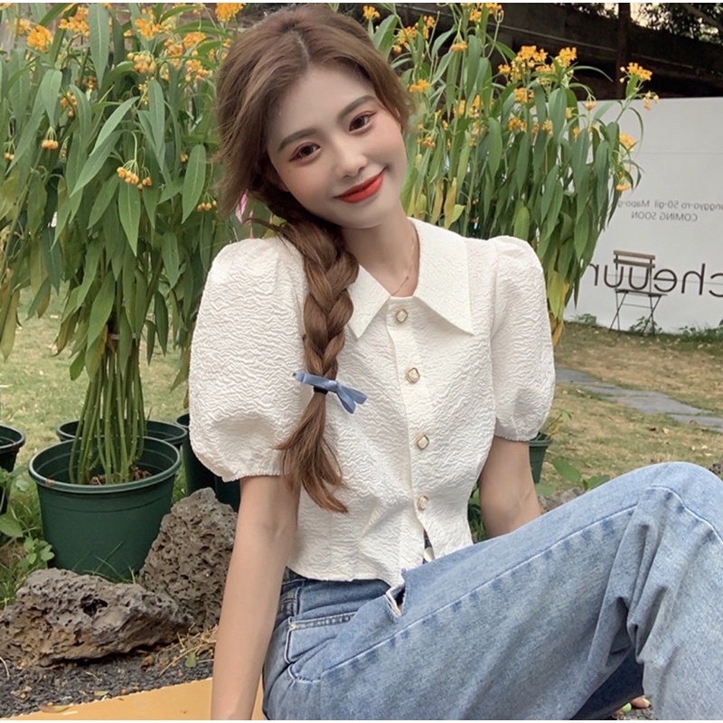 Áo Sơ Mi Cách Điệu Tay Bồng Cổ Đức Xinh Xắn Phong Cách Hàn Quốc