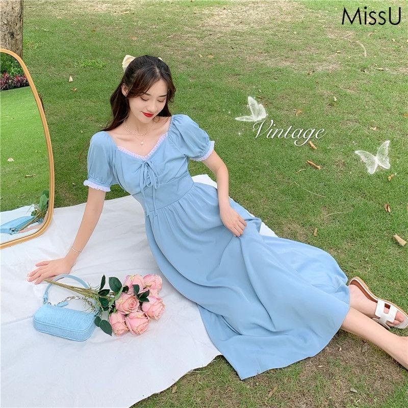 Đầm Maxi Tay Ngắn Phồng Cổ Thuyền Màu Xanh/Đen Thời Trang Mùa Hè Phong Cách Hàn Quốc Cho Nữ