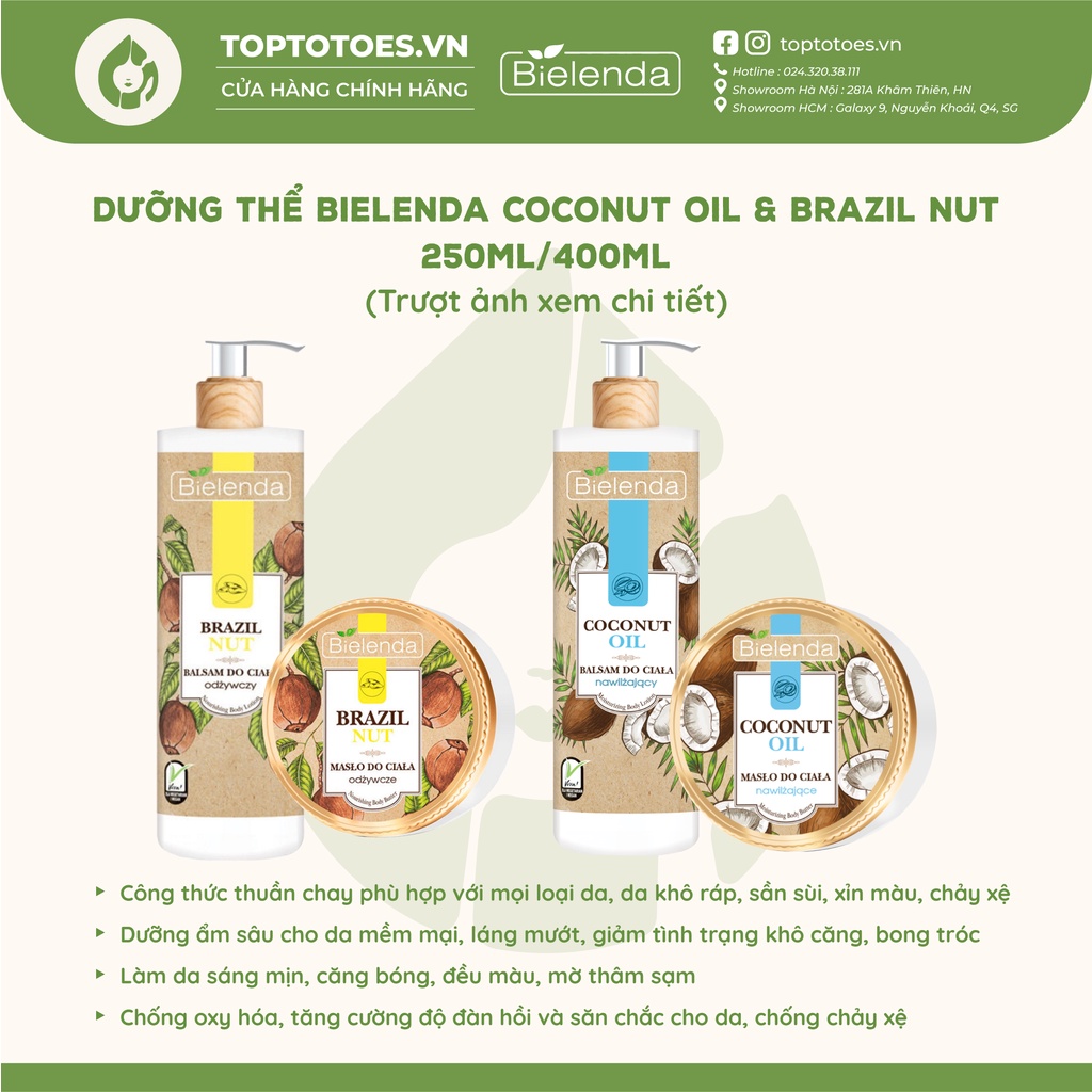 Dưỡng thể Bielenda Coconut Oil &amp; Brazil Nut dưỡng ẩm sâu, làm sáng và trẻ hóa da 250ml/400ml