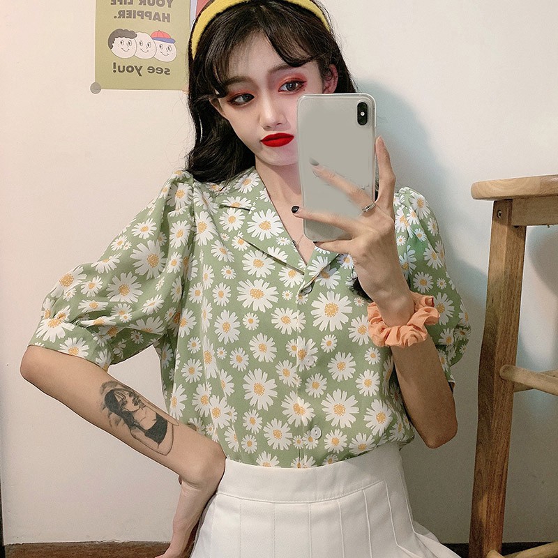 [Mã FASHIONCB84 hoàn tối đa 30K xu đơn 50K] Áo Sơ Mi Tay Ngắn Dáng Rộng In Hoa Cúc Phong Cách Retro Hàn Quốc