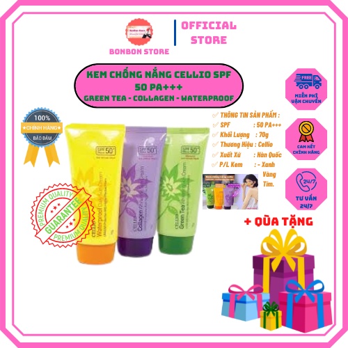 Kem Chống Nắng CELLIO , Green Tea , Collagen , waterproof  SPF 50 PA+++  70g [ CHÍNH - HÃNG ]