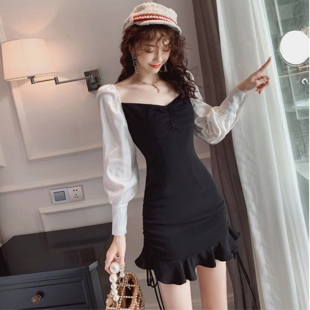 Đầm nữ , váy đầm đuôi cá rút dây , tay áo dài bồng bềnh dáng váy ôm body siêu cực hót ATILA.SHOP | BigBuy360 - bigbuy360.vn