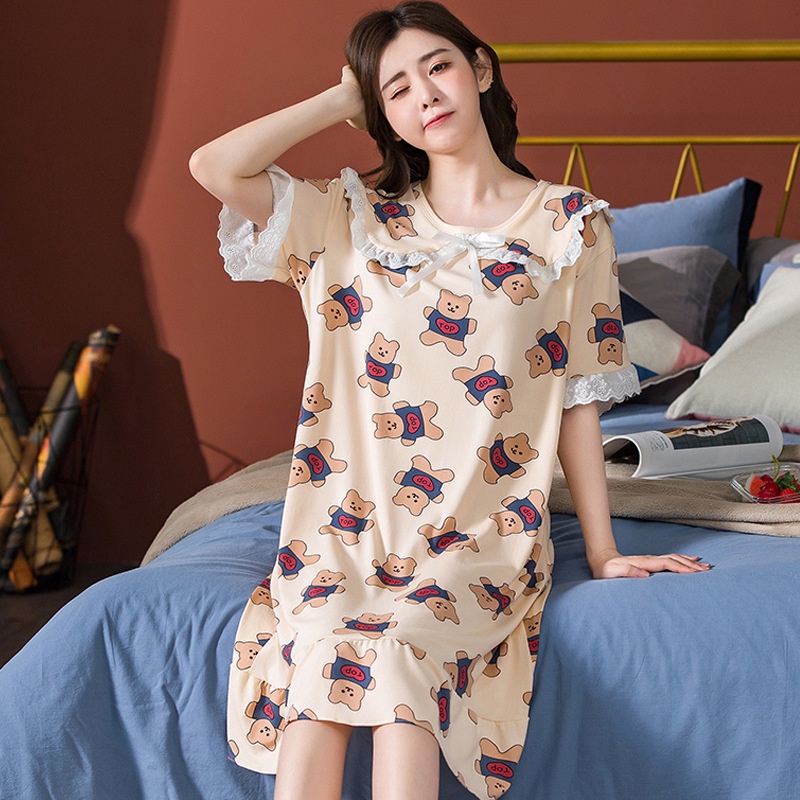Váy ngủ - váy mặc nhà - cổ ren -chất liệu thun sữa - mềm - mát - mịn ( váy lá sen bèo ren - VÁY - MS - 04 )