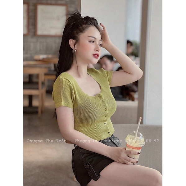 Áo len mềm trơn khuy tròn cổ U, dáng len croptop tay cộc và tay dài