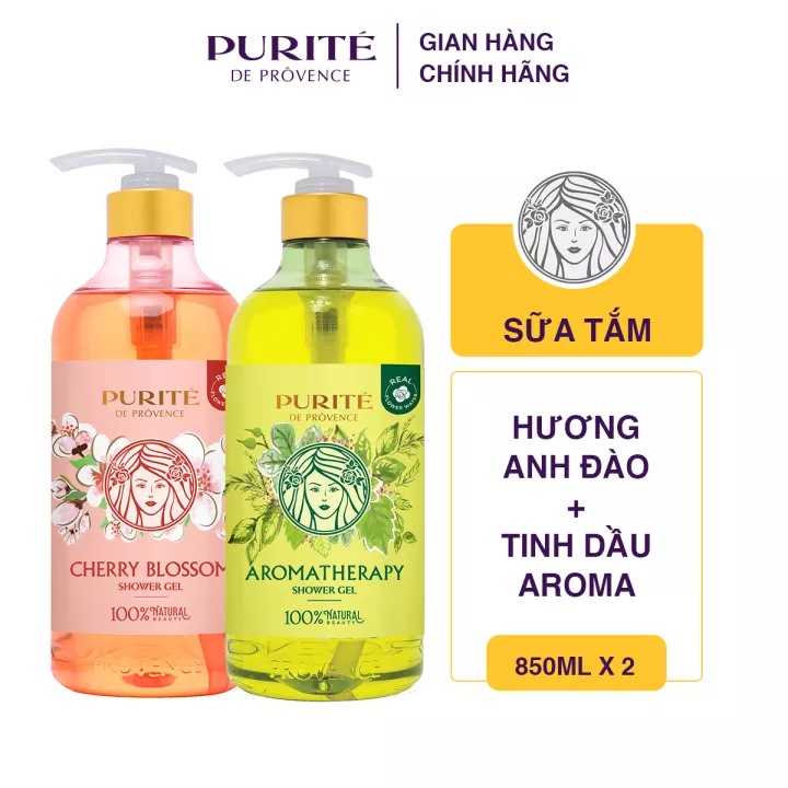 Combo 2 Sữa tắm Purité sáng mịn hoa anh đào 850ml + sữa tắm tinh dầu thơm Aroma 850ml