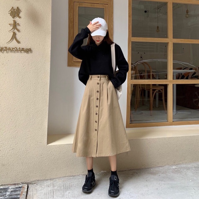 Chân váy dài hàng cúc giữa ulzzang