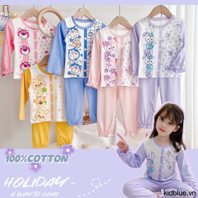 Bộ Đồ Ngủ Tay Dài Vải Cotton Phối Nút In Hoạt Hình Dễ Thương Cho Bé