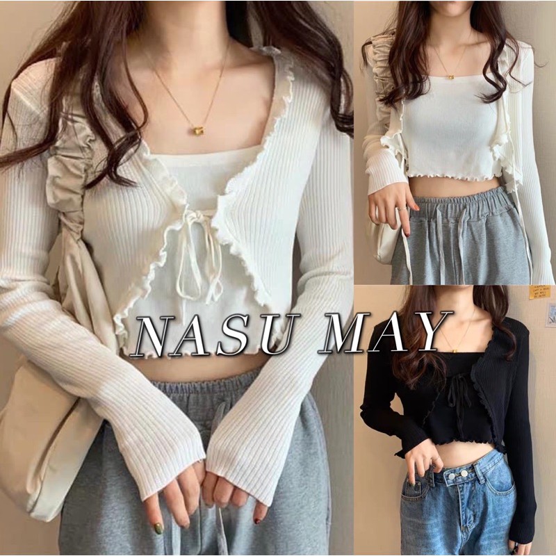 Set Áo Cardigan Dài Tay Kèm Áo Croptop 2 Dây 🦋 Áo Carigan len tăm Viền Bèo Kèm Áo Ngắn 🦋 🌸Nasu May🌸