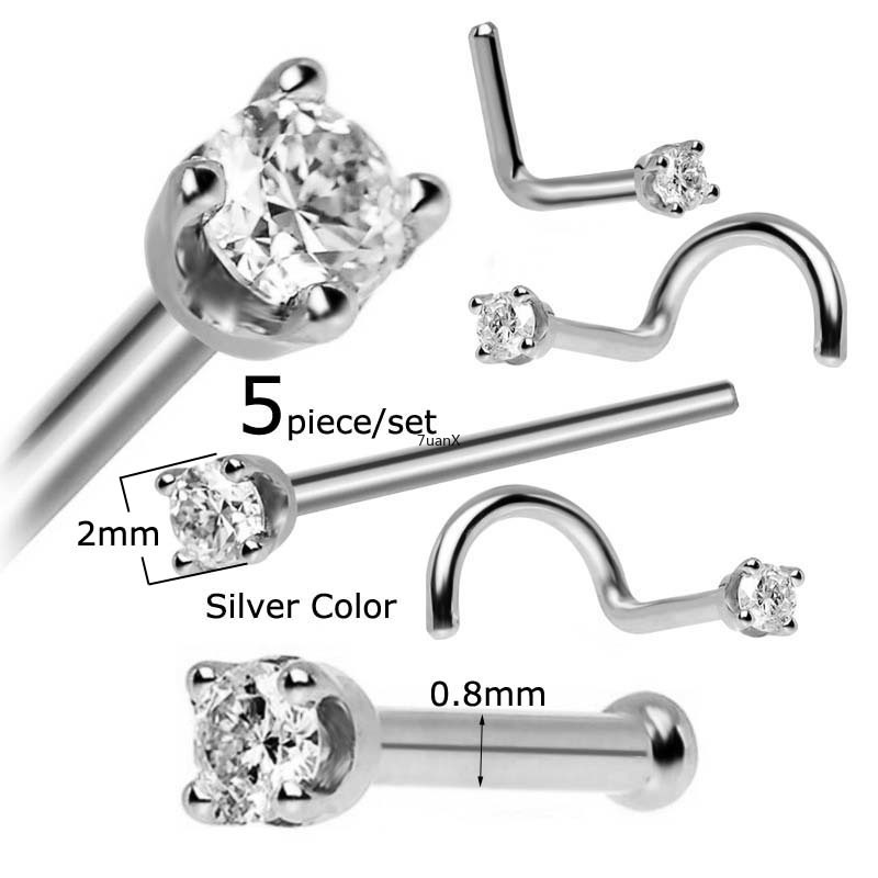 Set 5 Khuyên Mũi Thép Không Gỉ Đính Đá Zircon 20gauge