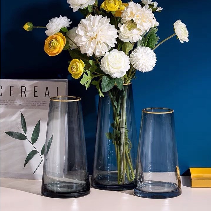 Lọ hoa decor thuỷ tinh viền vàng Qhouse , bình hoa trang trí phòng khách phòng ngủ để bàn làm việc cao cấp