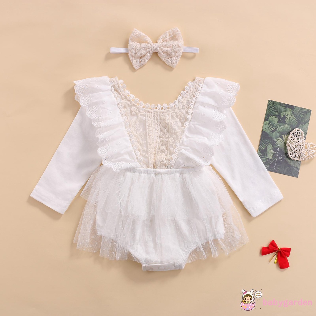 Bộ áo liền quần tay dài phối ren in hoa kèm băng đô dành cho bé gái