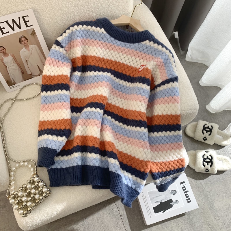 Áo Sweater Dệt Kim Dáng Lửng Họa Tiết Kẻ Sọc Màu Tương Phản Thời Trang Thu Đông Cho Nữ
