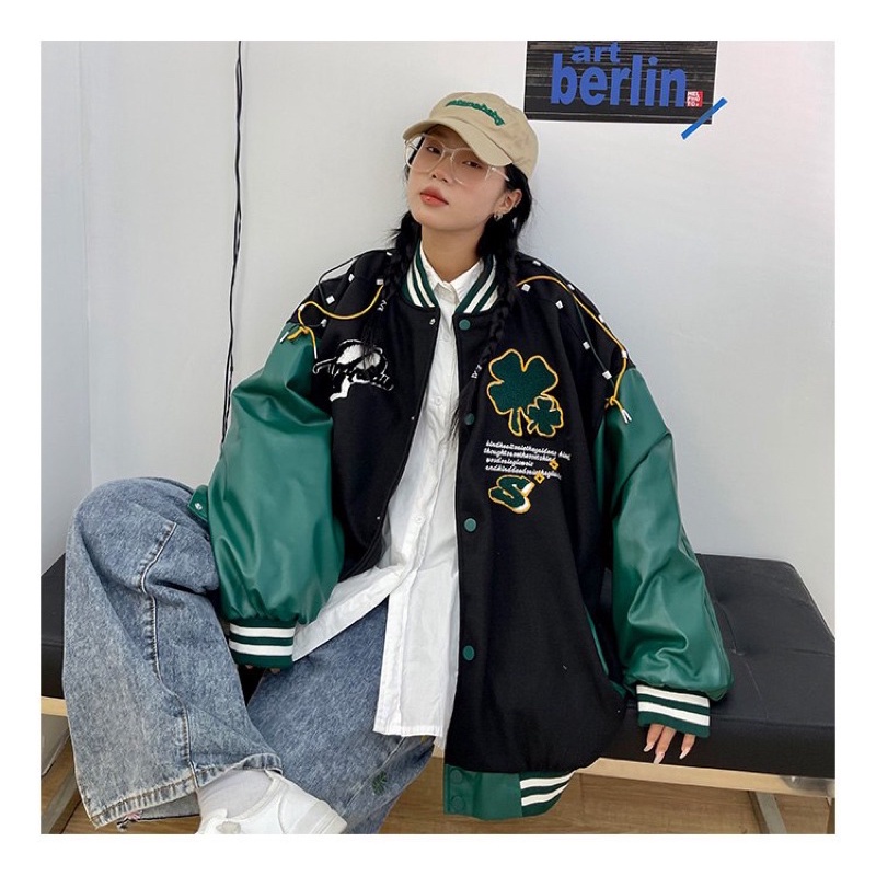 Áo khoác bóng chày chất dạ phối tay da 2022 Áo khoác varsity dáng rộng phong cách retro