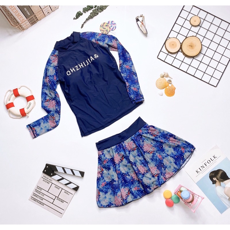 Bộ đồ bơi bikini nữ dài tay quần váy hoạ tiết ô màu siêu xinh