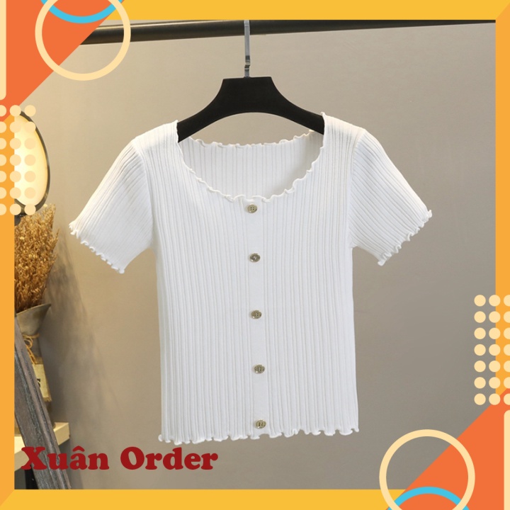 (Order 7-12 Ngày) Áo Thun Lụa Băng Ngắn Hàng Rào Của Phụ Nữ Với Tai Gỗ Bó Sát Người Hoang Dã Ngắn Tay Dệt Kim Mỏng Dưới