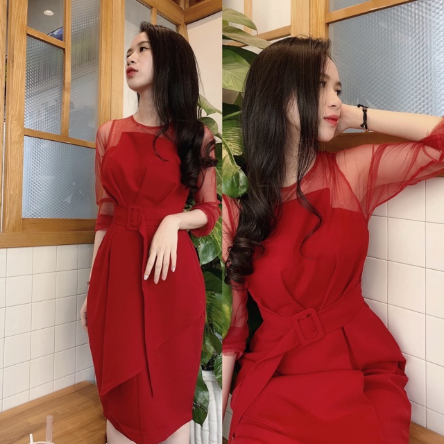 Đầm dự tiệc xếp ngực thắt eo tay lưới kèm ảnh thật