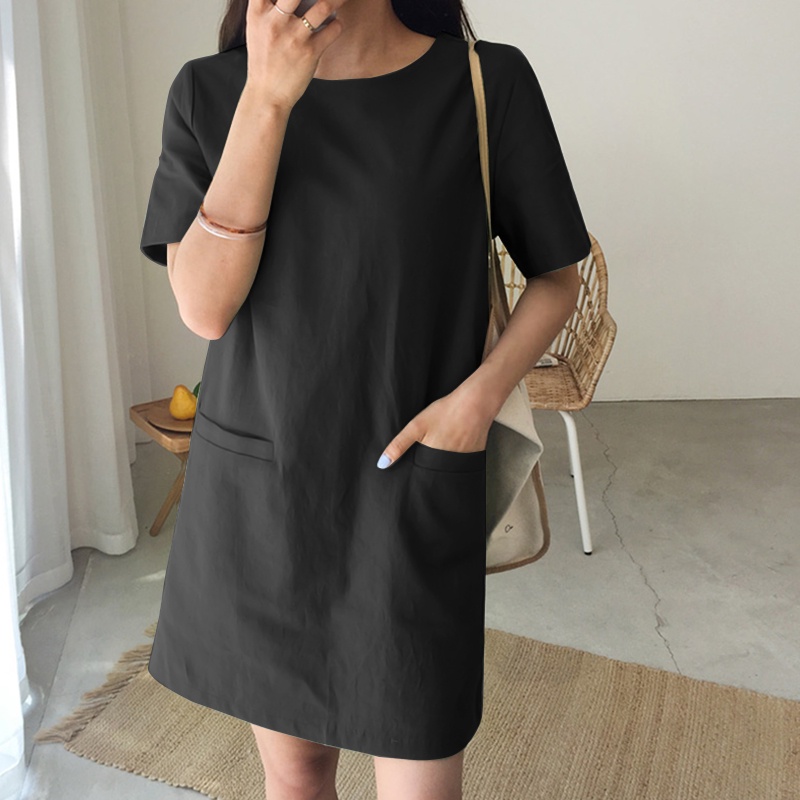 Đầm mini ZANZEA bằng cotton ngắn tay màu trơn có túi phong cách Hàn Quốc thời trang cho nữ