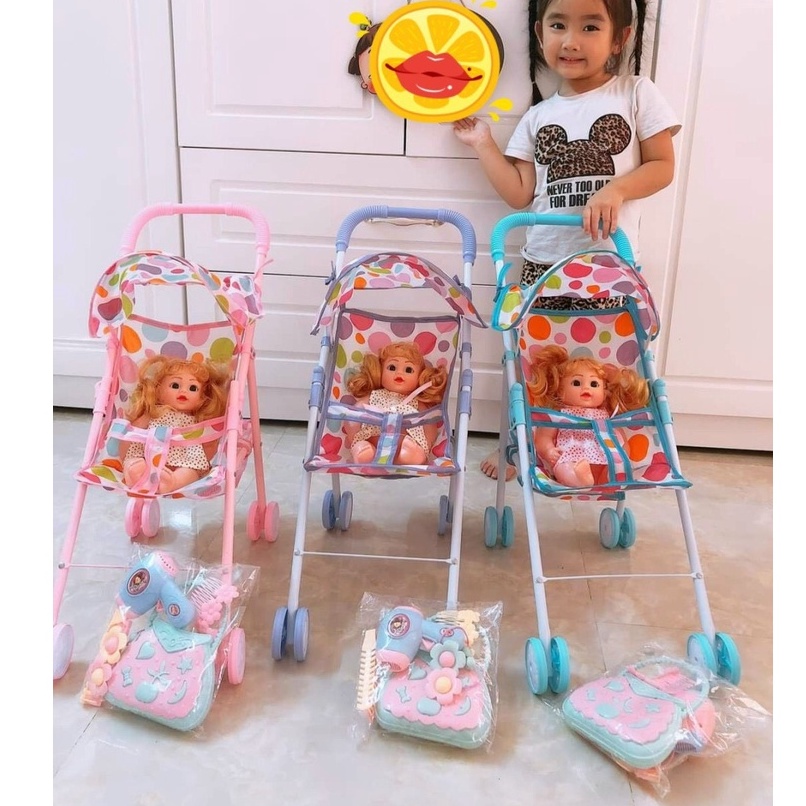 Đồ chơi xe đẩy búp bê xinh xắn đáng yêu ( tặng kèm máy xì đầu mini + lược trải.. các phụ kiện cho búp bê)