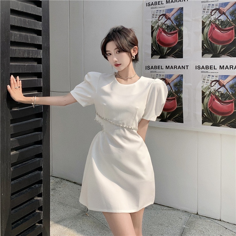 Đầm Váy Liền Nữ Thiết Kế Kiểu Pháp Thắt Lưng Cao Dáng Chữ A Tay Bồng Hai Màu Trắng Đen Phù Hợp Đi Làm Ăn Tiệc Cưới KỉYếu