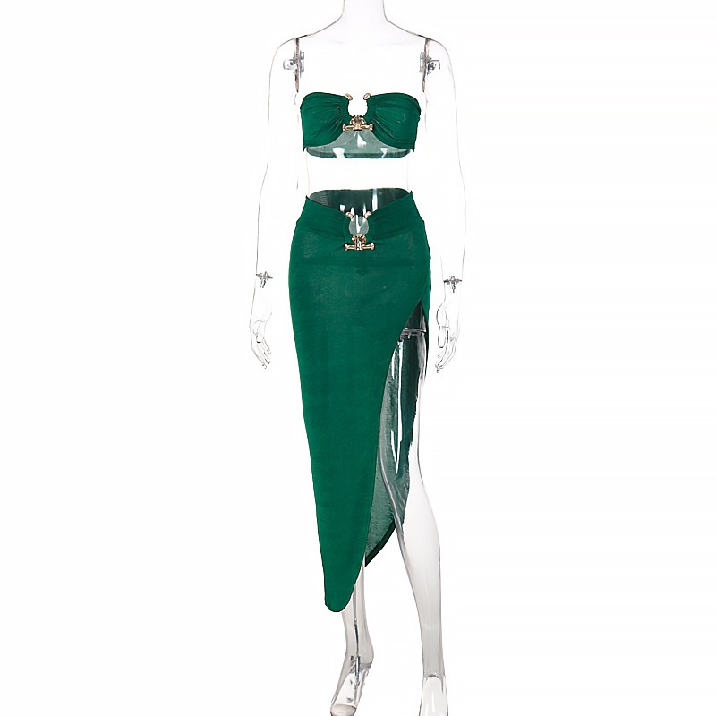 Set 2 Món Gồm Áo Ống Croptop Trễ Vai Và Chân Váy Xẻ Tà Quyến Rũ Cho Nữ