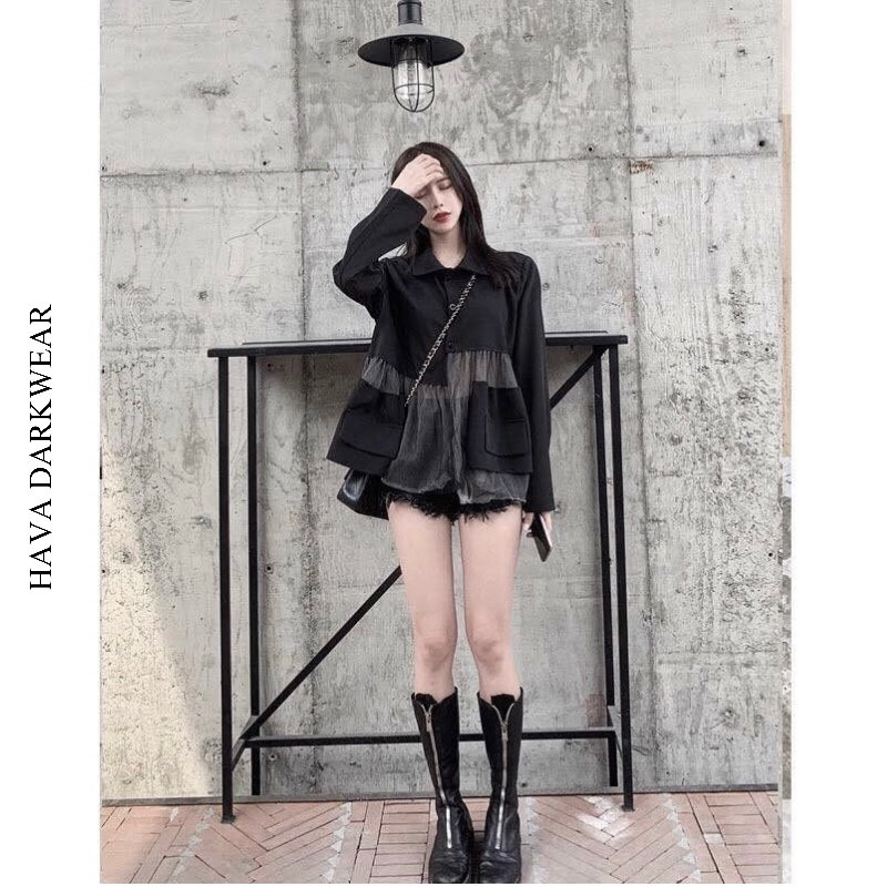 ASM04 Áo sơ mi đen chất kate mềm mát phối voan form suông rộng cá tính