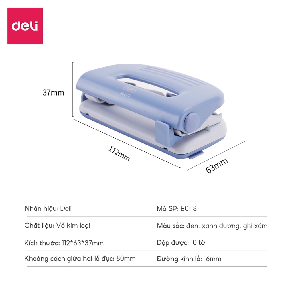 Máy đục lỗ Vỏ kim loại 10 tờ Deli - Màu Ghi Xám/Đen/Xanh Dương - 1 cái E0118