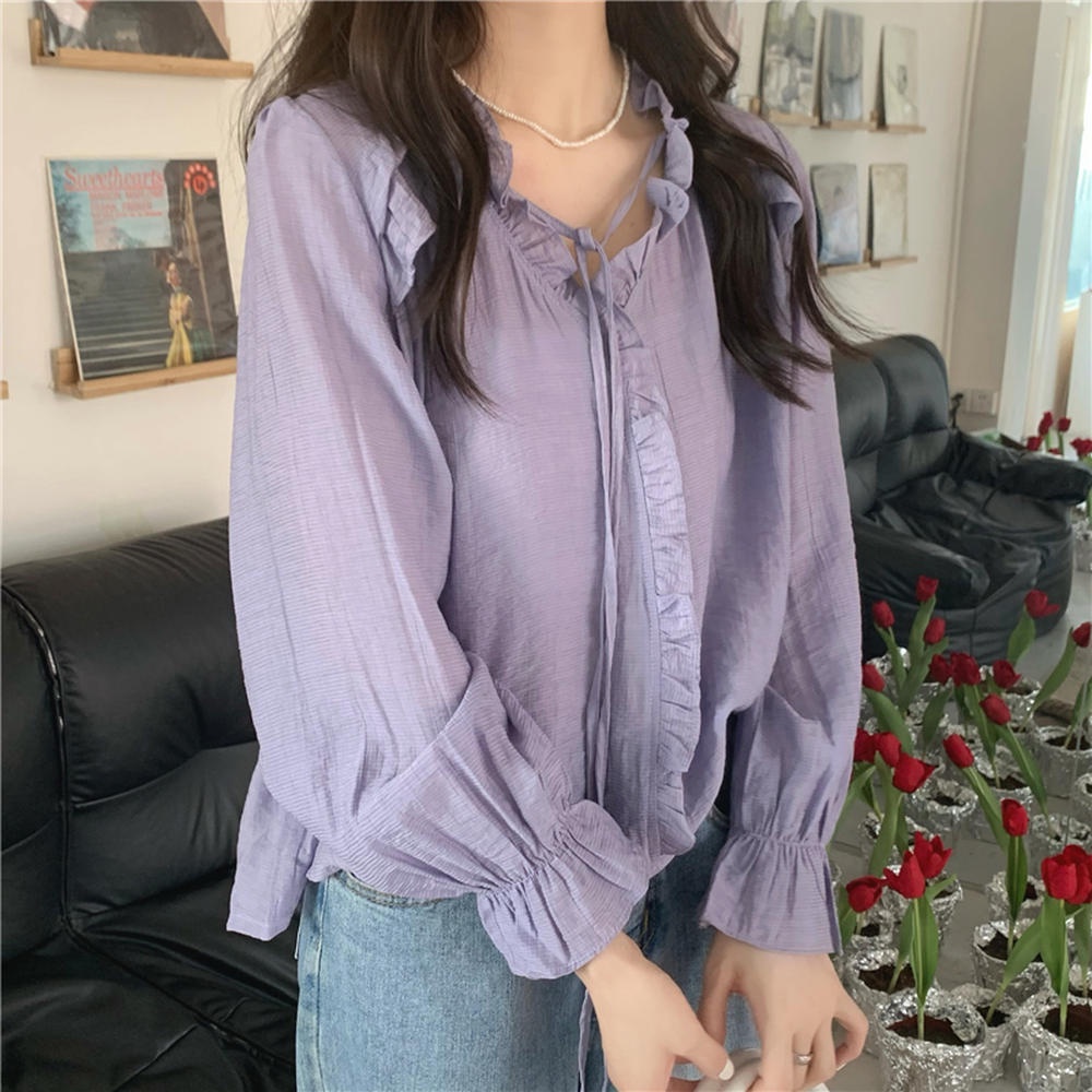 Áo Kiểu Tay Dài Cổ Chữ V Phối Ren Xếp Ly Thời Trang 50147