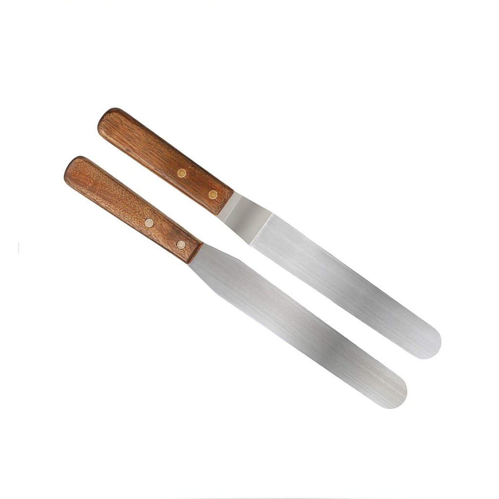 Bộ 2 dao chà láng thẳng và gấp khúc cán gỗ, dùng trang trí bánh kem