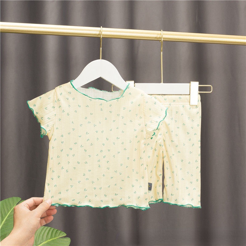 Bộ Đồ Ngủ Cotton Ngắn Tay In Họa Tiết Trái Tim Thời Trang Cho Bé Gái 0-7 Tuổi