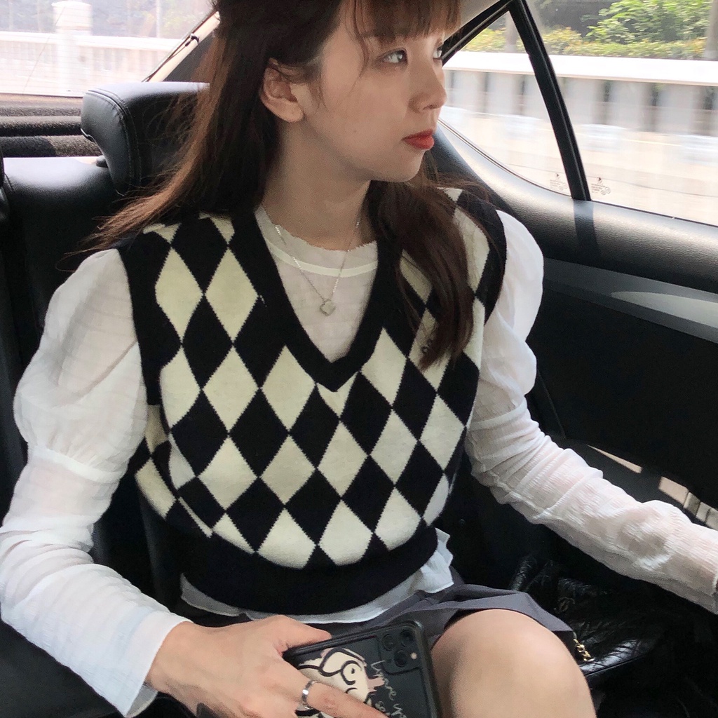 Áo Dệt Kim Sát Nách Đính Đá Màu Trắng Đen Phong Cách Retro Hàn Quốc Cho Nữ